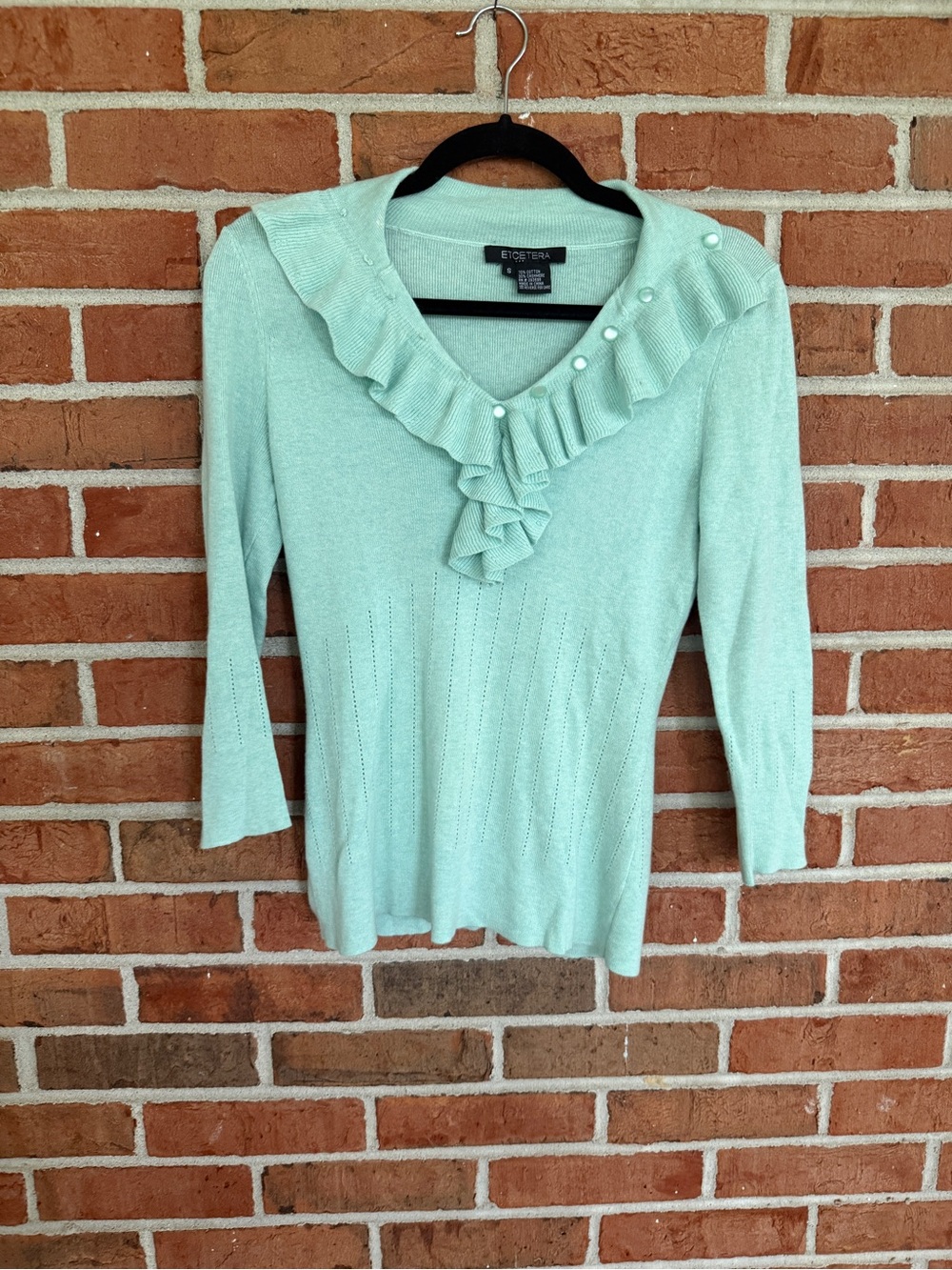 Etcetera Mint Ruffle Pearl-Accent Sweater Top